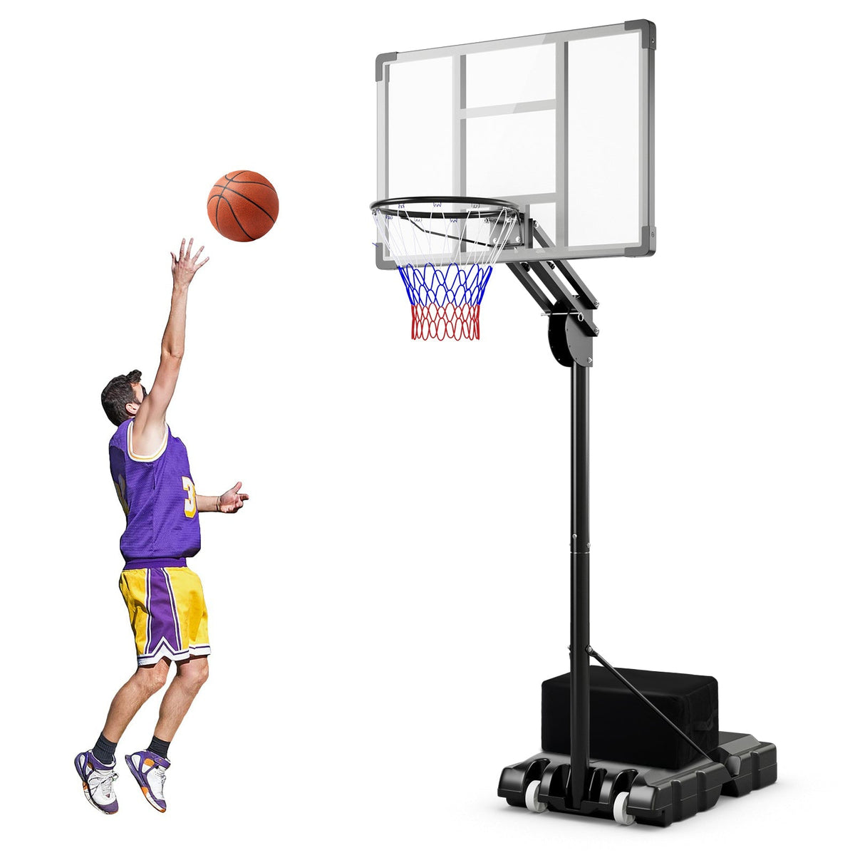 Portable basketball hoop with fillable base and transport wheels