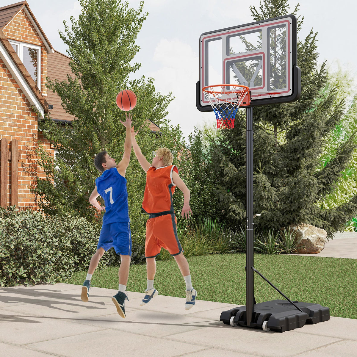 44-inch adjustable portable basketball hoop with polycarbonate backboard and rolling base
