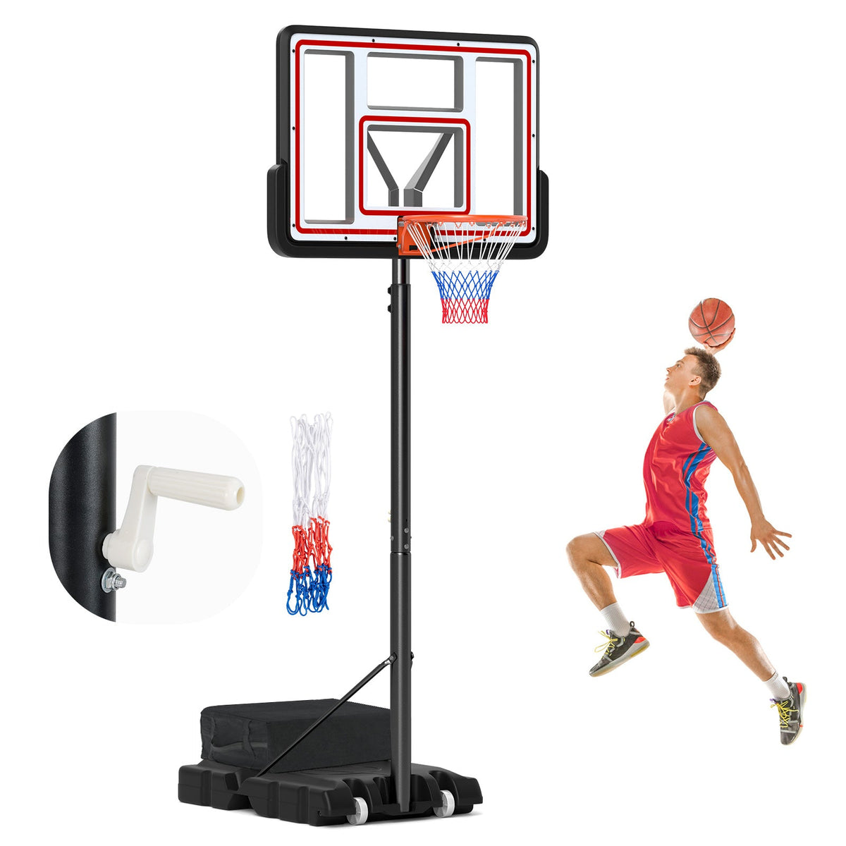 Portable basketball hoop with adjustable crank height system