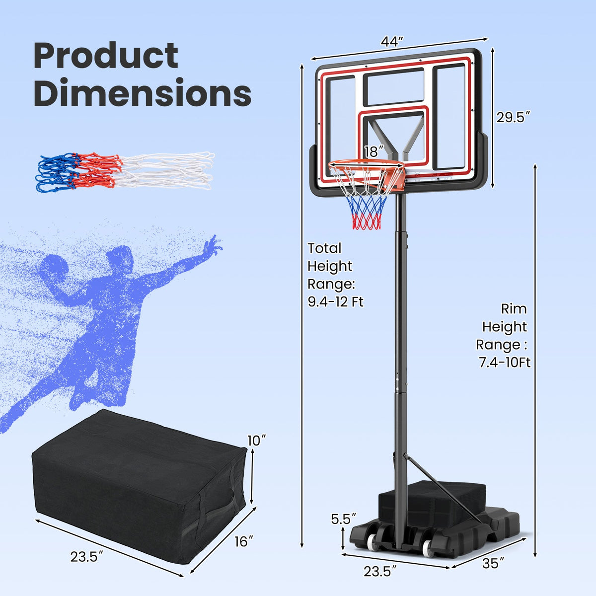 Portable basketball hoop with fillable base and support structure