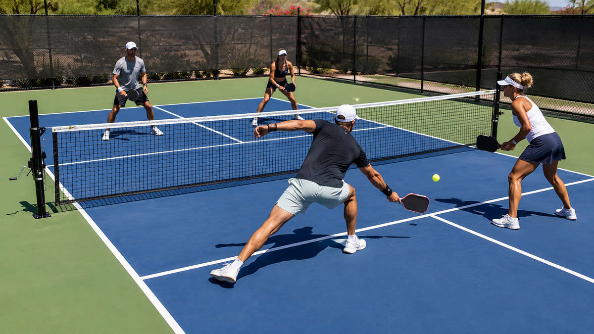 First Team Voyager multi-sport net system set for outdoor pickleball play
