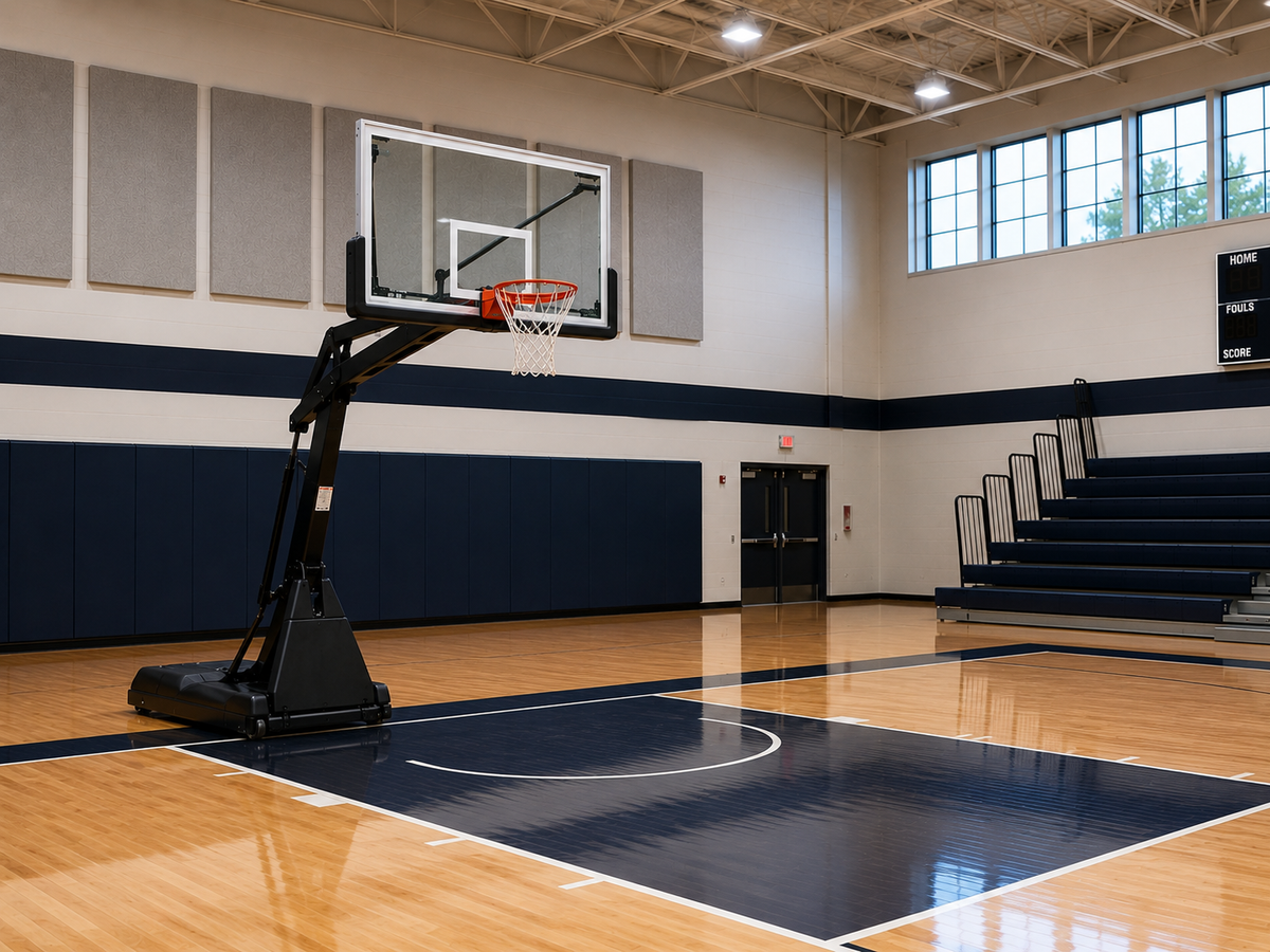 Heavy-duty portable basketball hoop with glass backboard and wheeled base on an indoor gym court