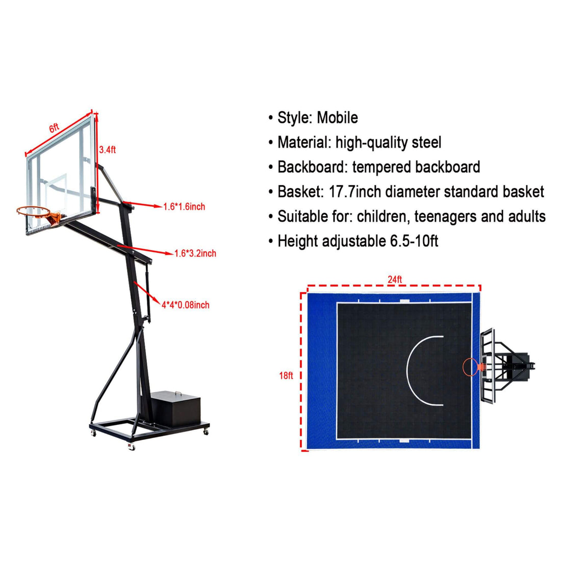 SAKSBY Pro Portable Basketball System with 18x24ft Court Surface