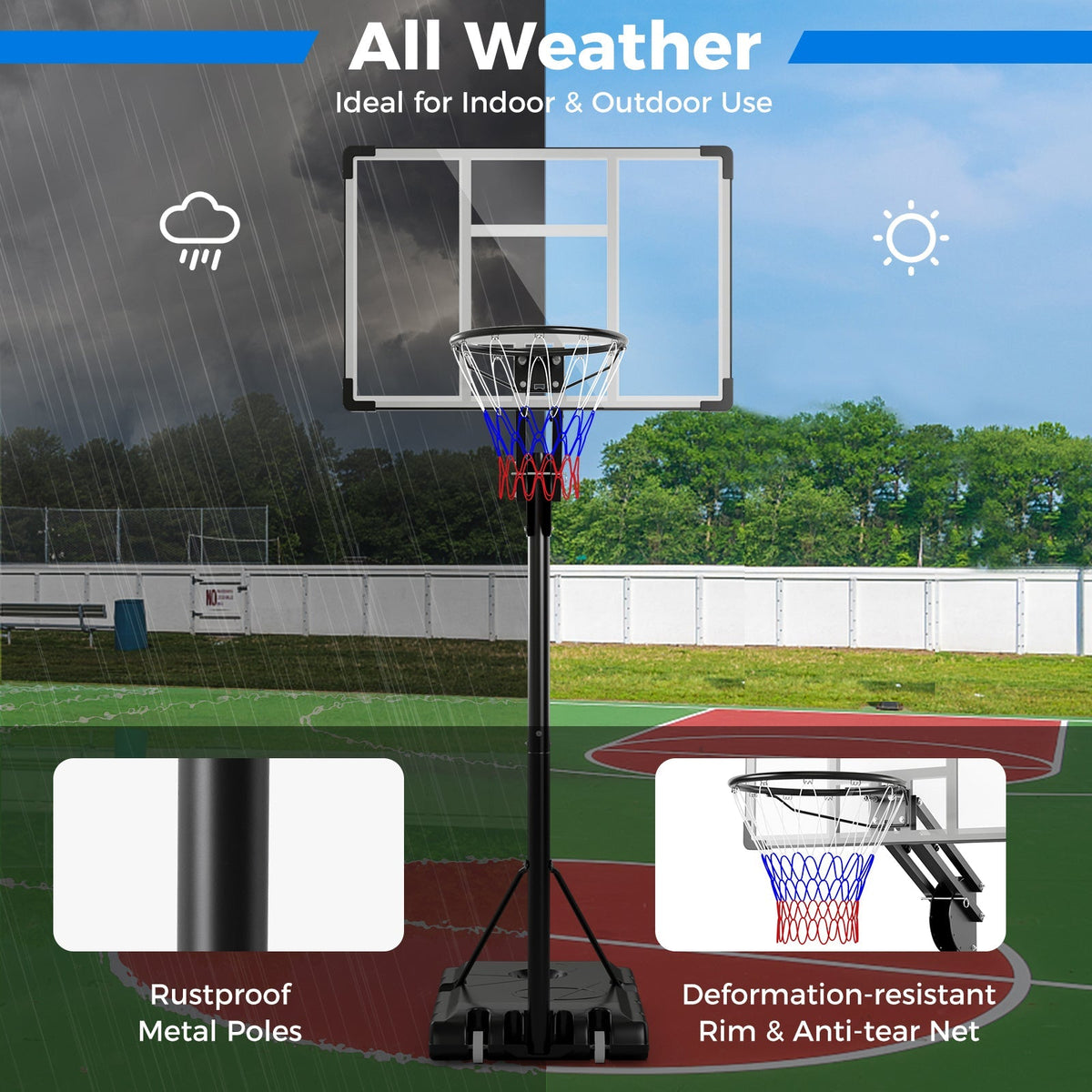 Portable basketball system with adjustable rim and wheeled base