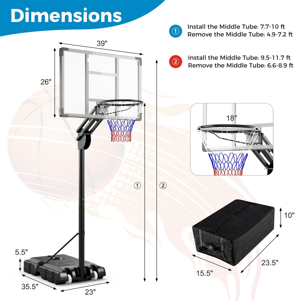 Adjustable basketball goal with built-in basketball holder