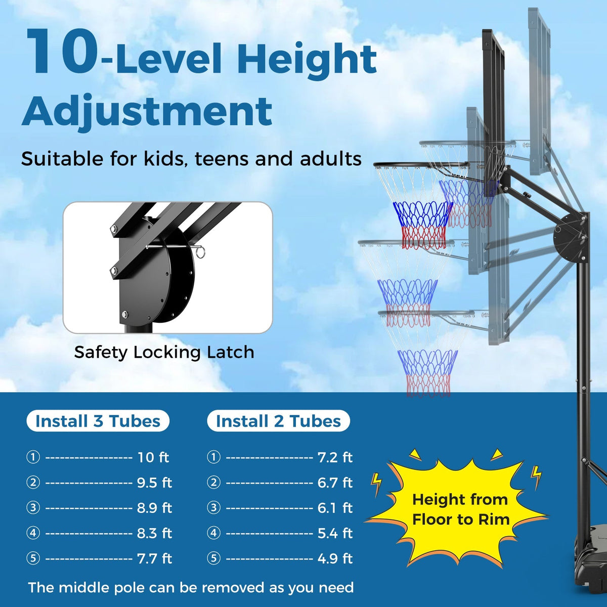 Adjustable portable basketball hoop for growing youth players