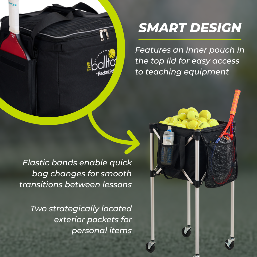 Racket Pets Ball Tote & Cart - Portable Teaching Cart with Black Ball Tote Bag for Tennis and Pickleball Pros