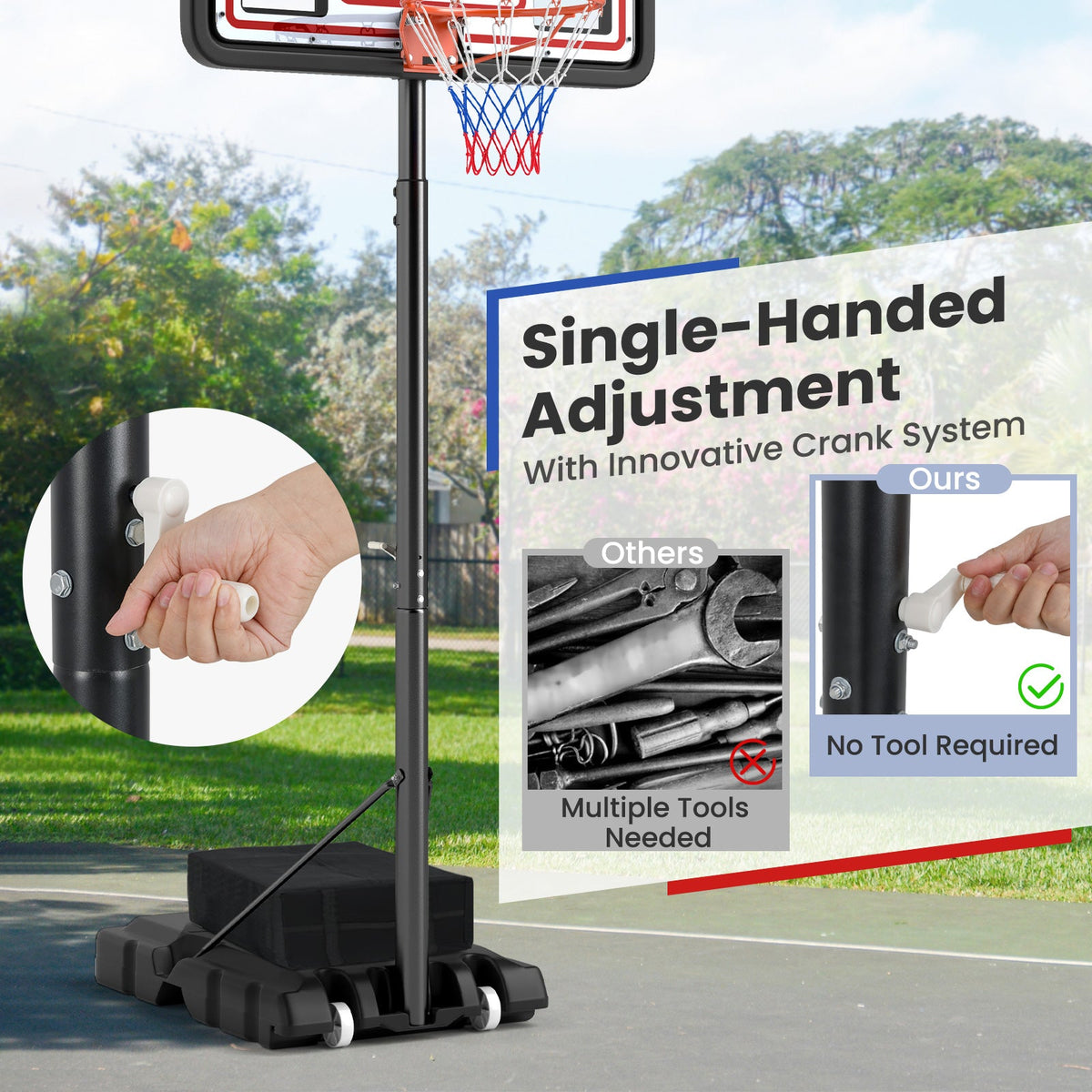 44-inch portable basketball hoop single hand adjustment crank system