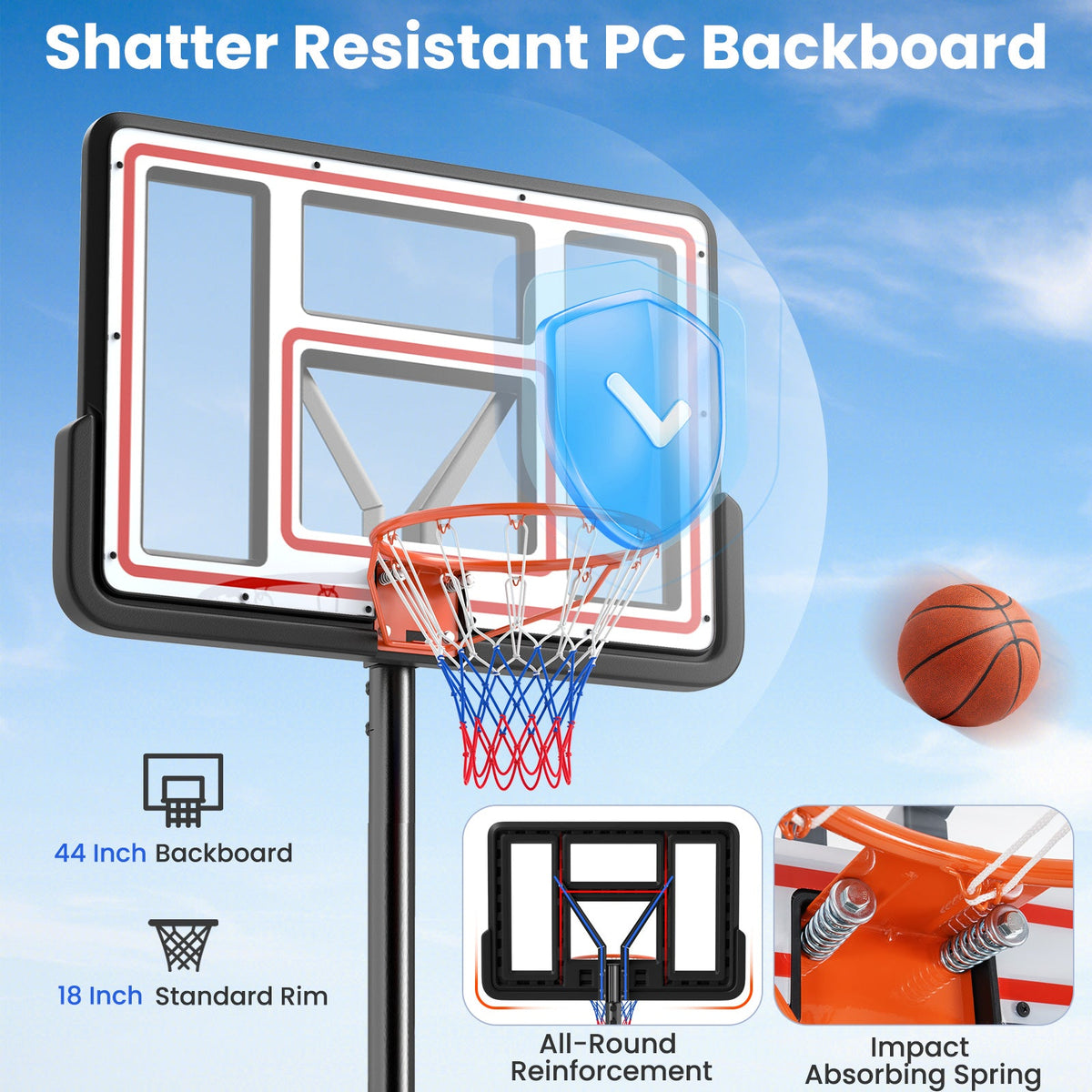 Adjustable portable basketball system with shatter resistant backboard