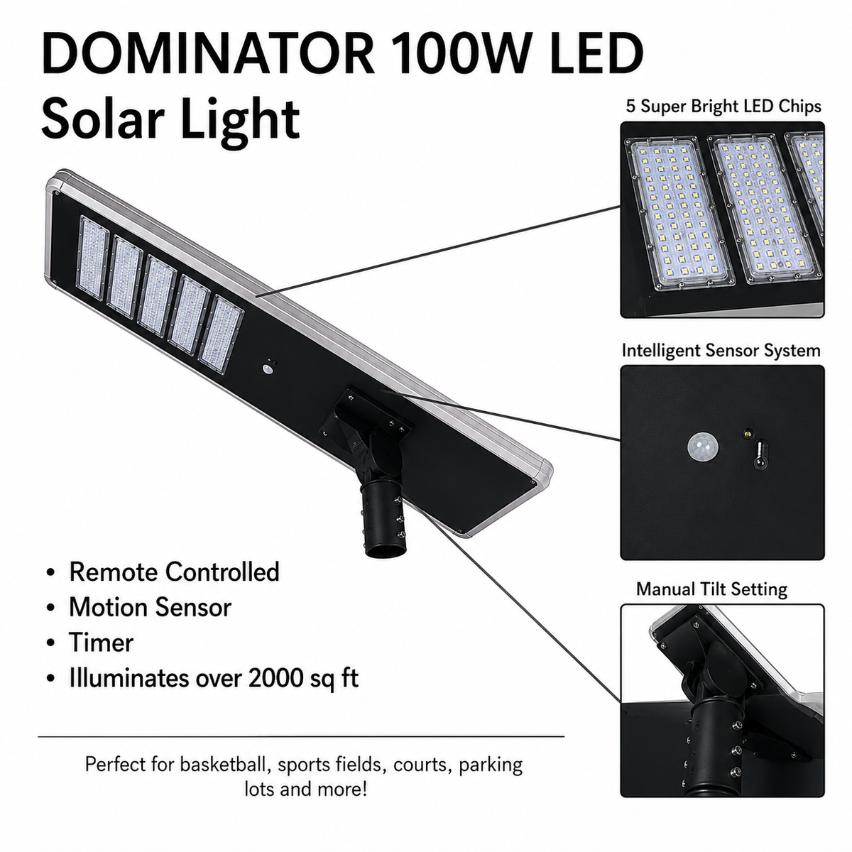 Dominator 100W LED solar light features and specifications